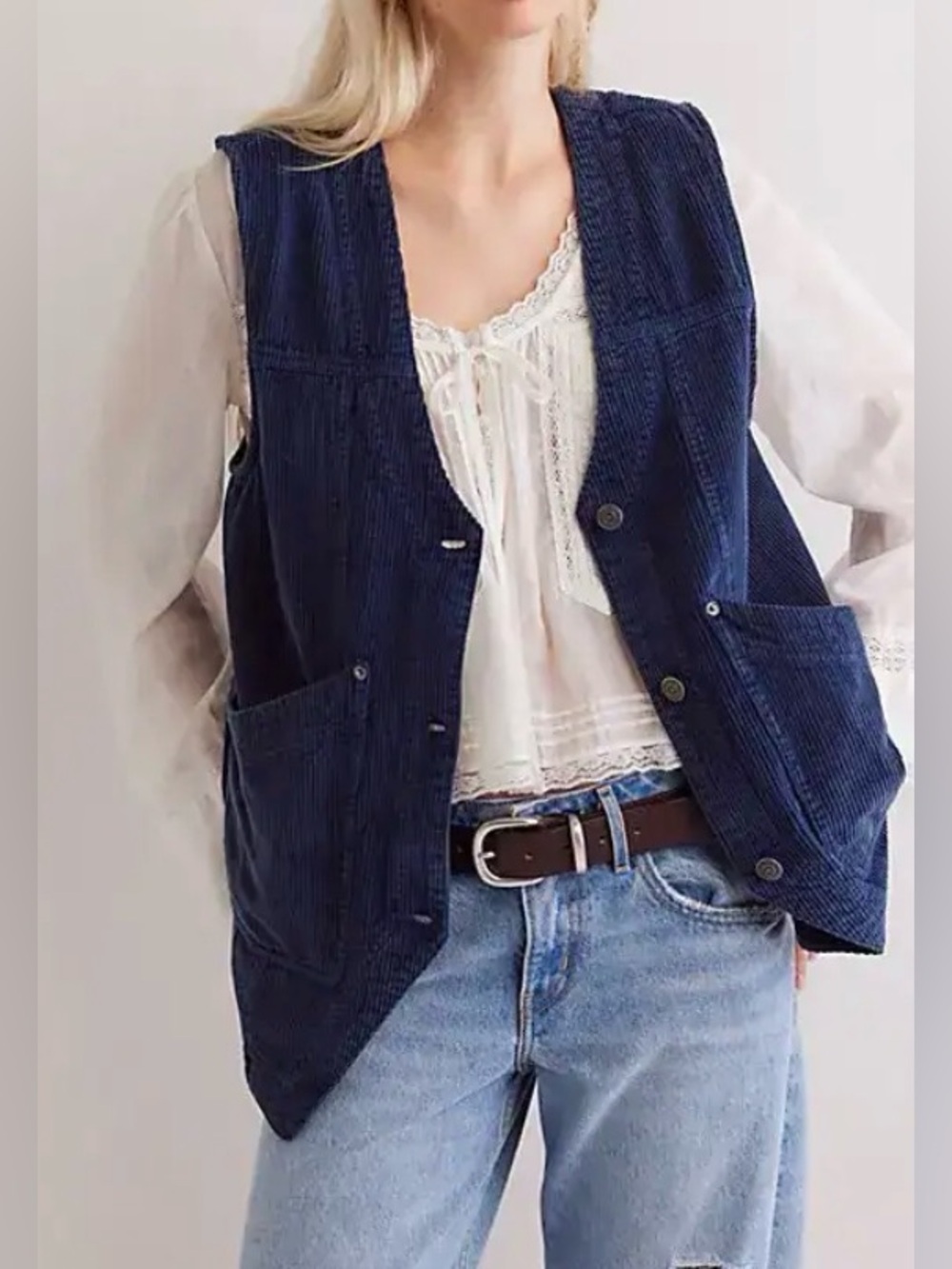 We the Free Navy Cotton Corduroy Button Front Vest - Size M NWT